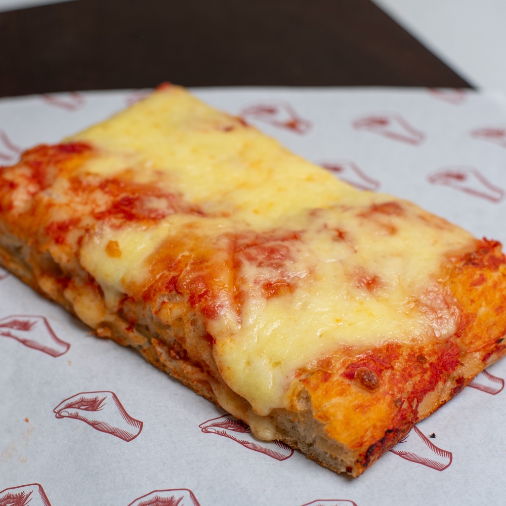 Margherita pizza al taglio, fresh from the oven