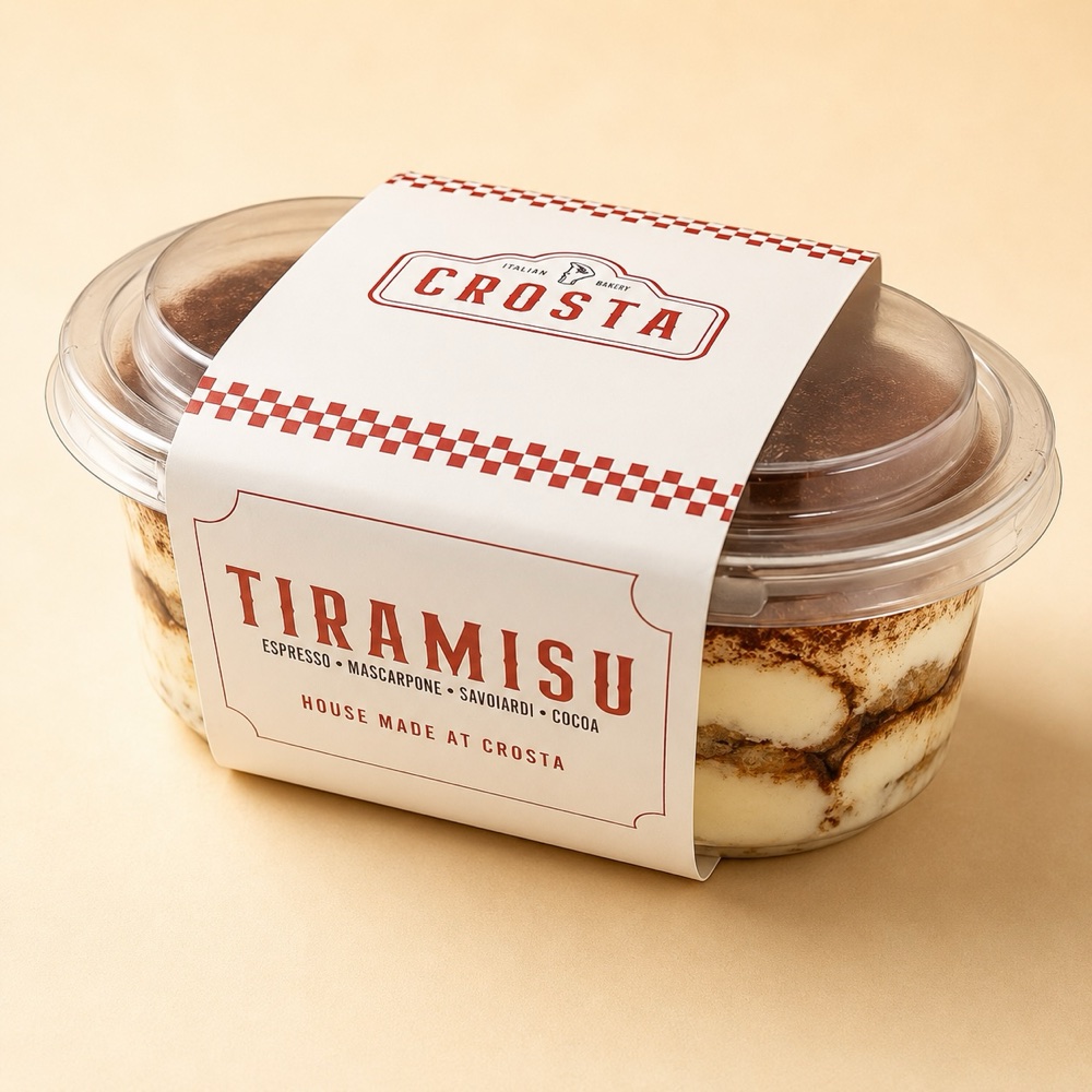 Crosta tiramisu in its paper-wrapped tub